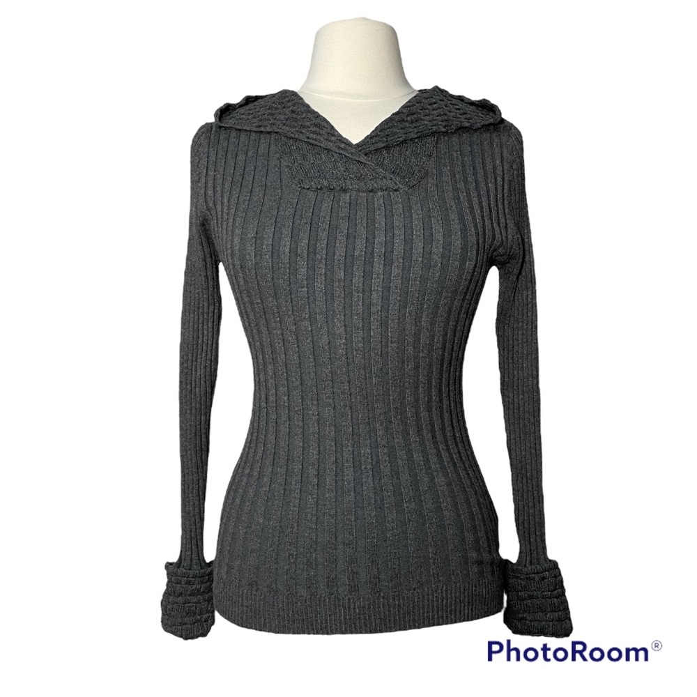 Karissa Me charcoal grey rib knit sweater with honeycomb knit hood & cuff Size M